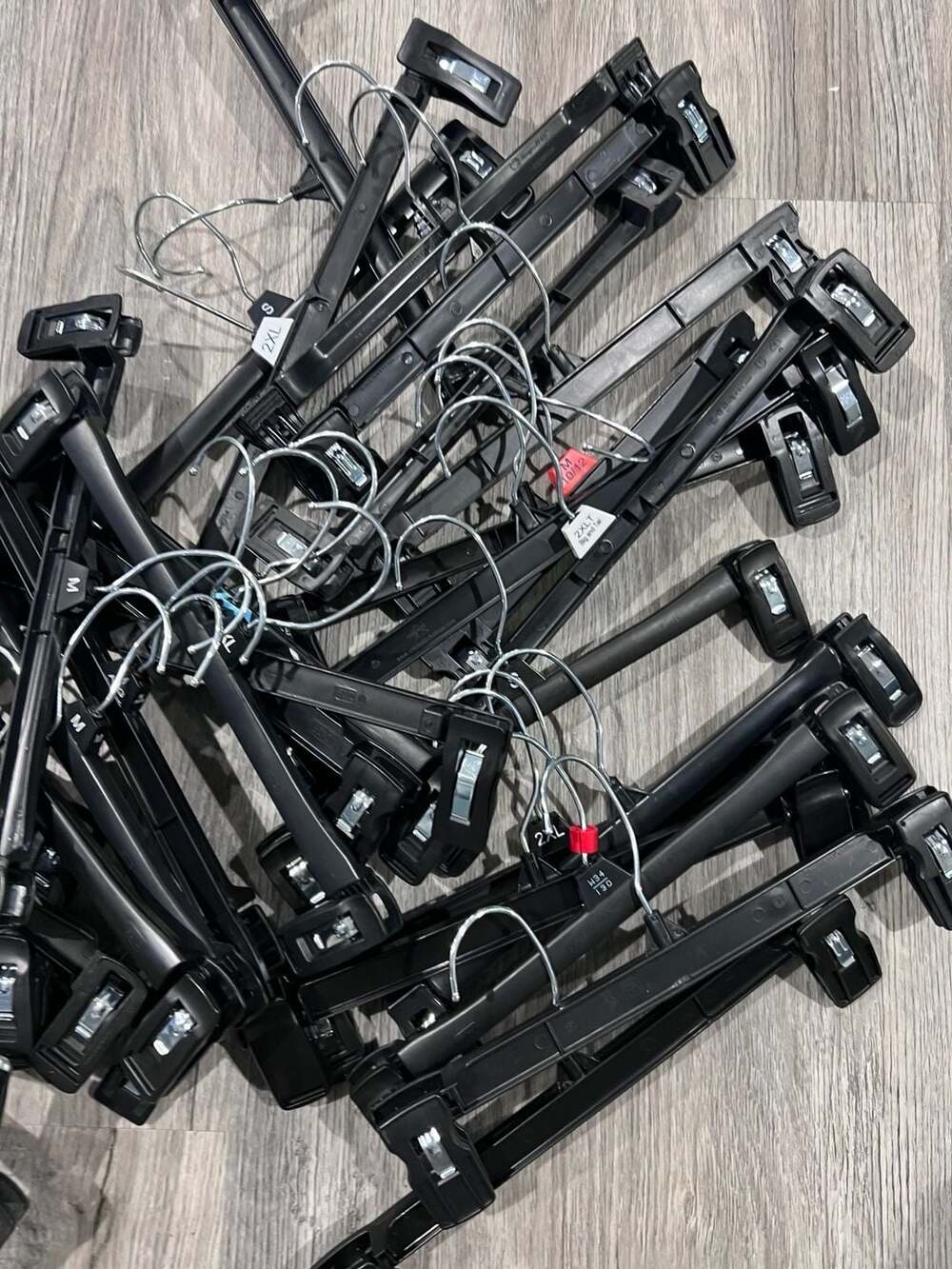 Lot of 40+ Black Plastic Pants Skirts Hangers with Metal Swivel Hooks and Clips